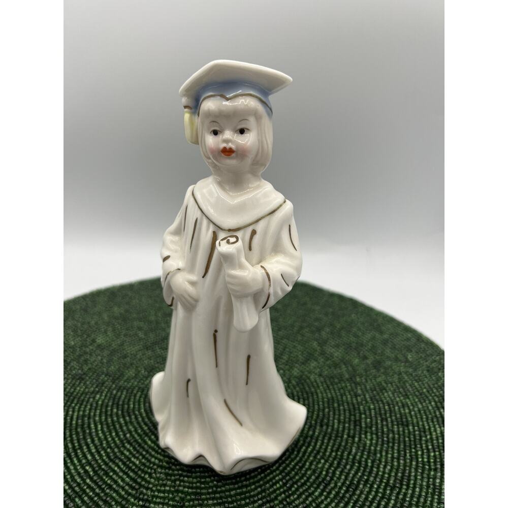 Vintage 1950s Bisque Graduation Girl Figurine Diploma Japan Ceramic